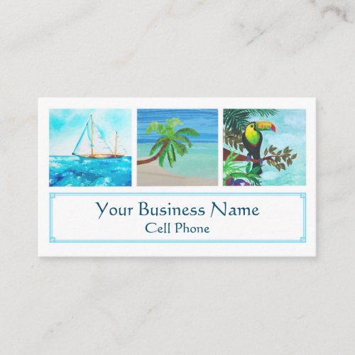 Tropical Beach Colorful Toucan Sailboat Palm Tree Business Card