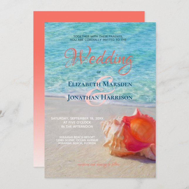 Tropical Beach Conch Shell Modern Ombre Wedding Invitation (Front/Back)