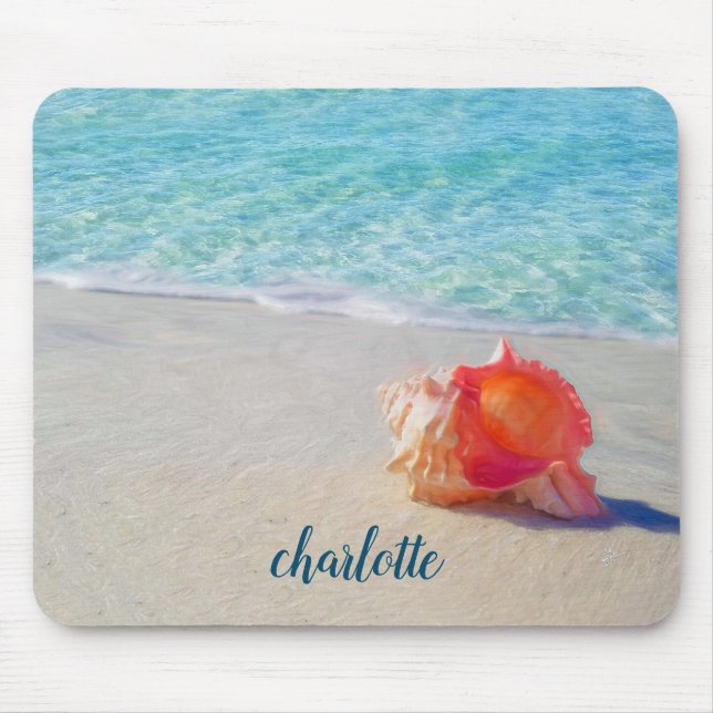 Tropical Beach Coral Conch Seashell Blue Sea Mouse Pad (Front)