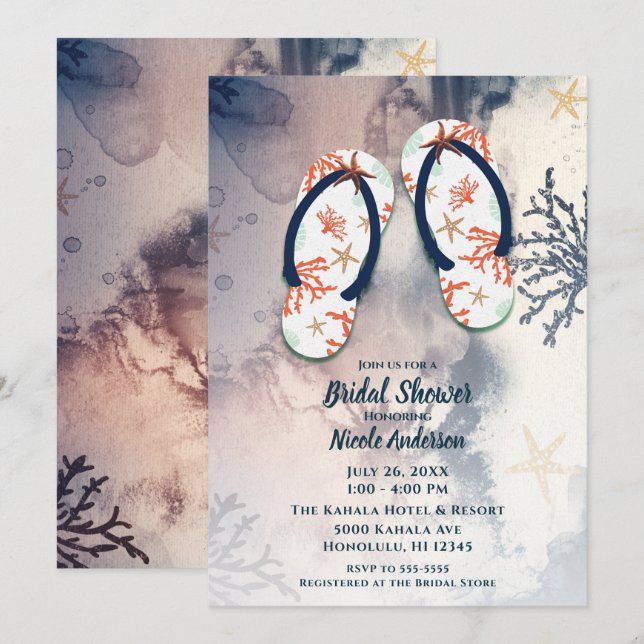Tropical Beach Coral Flip Flops Bridal Shower  Invitation (Front/Back)