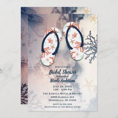 Tropical Beach Coral Flip Flops Bridal Shower  Invitation