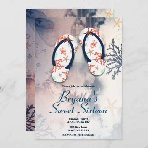 Tropical Beach Coral Flip Flops Sweet 16 Party  Invitation