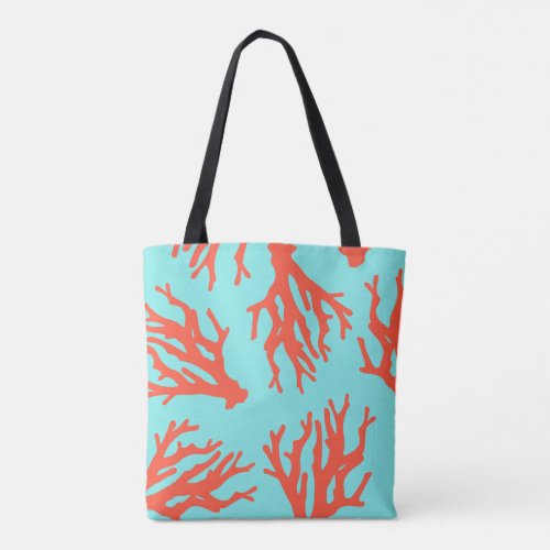 Tropical Beach Coral Pattern Red Turquoise  Tote Bag