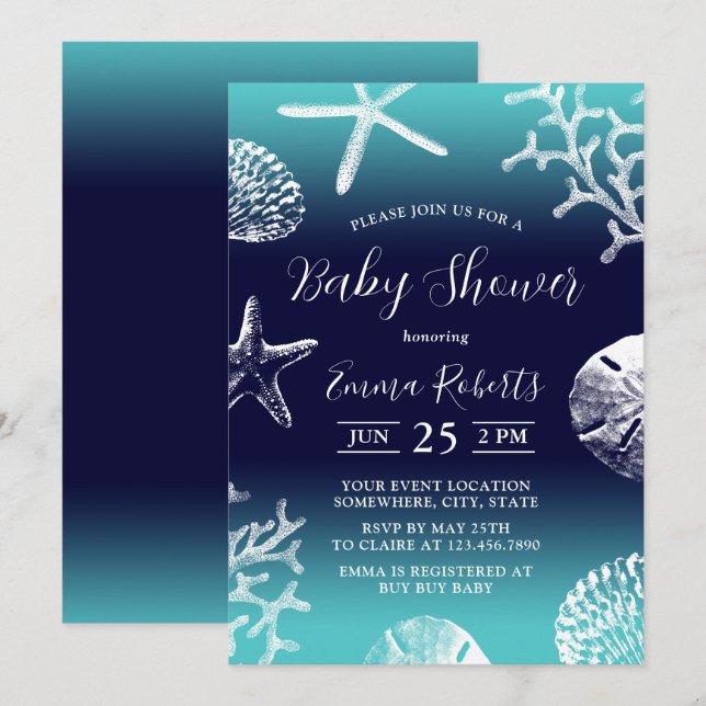 Tropical Beach Coral Reef Navy & Teal Baby Shower Invitation (Front/Back)
