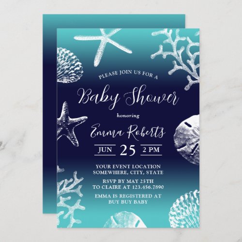 Tropical Beach Coral Reef Navy  Teal Baby Shower Invitation
