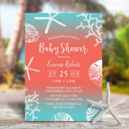 Tropical Beach Coral Reef Teal  Red Baby Shower Invitation