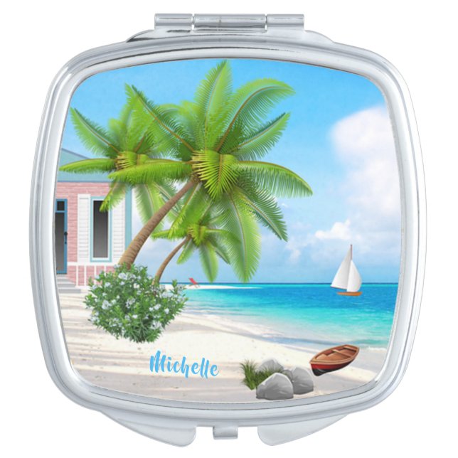 Tropical Beach Custom Name compact mirror (Front)