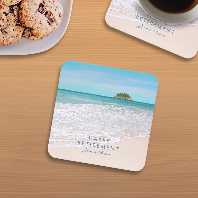 Tropical Beach Custom Text "Happy Retirement" Square Paper Coaster (Creator Uploaded)