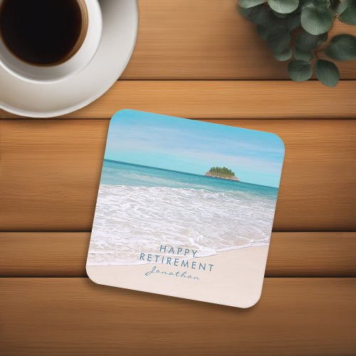 Tropical Beach Custom Text Happy Retirement Square Paper Coaster