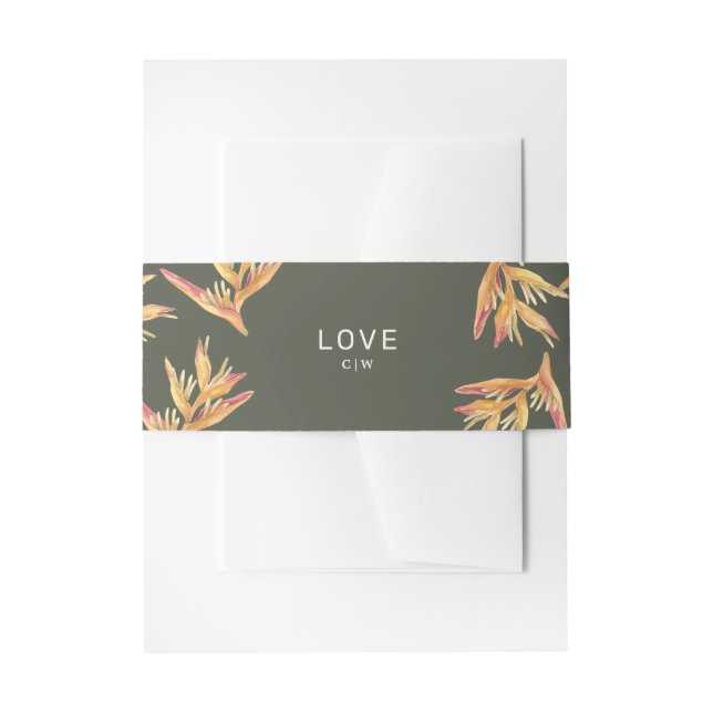 Tropical Beach Dark Green Wedding Invitation Belly Band (Front Example)