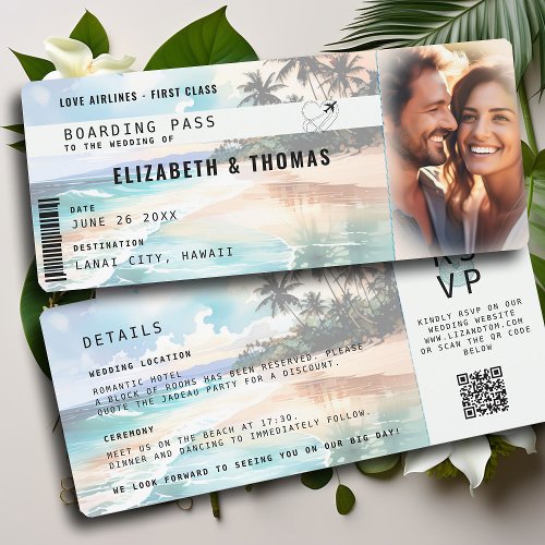 Tropical Beach Destination Airplane Ticket Wedding Invitation