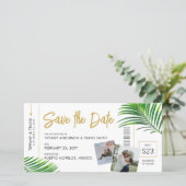 Tropical Beach Destination Boarding Pass Save The Date (Standing Front)