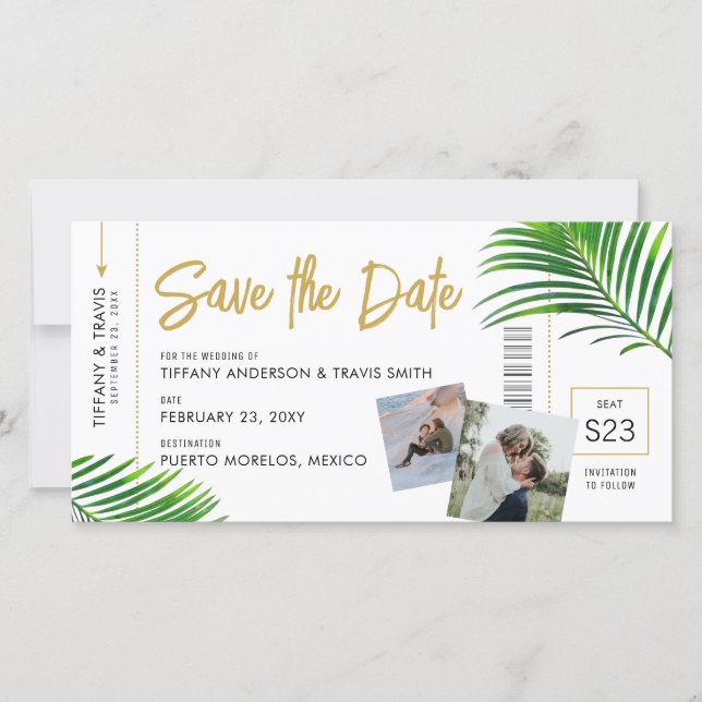 Tropical Beach Destination Boarding Pass Save The Date (Front)