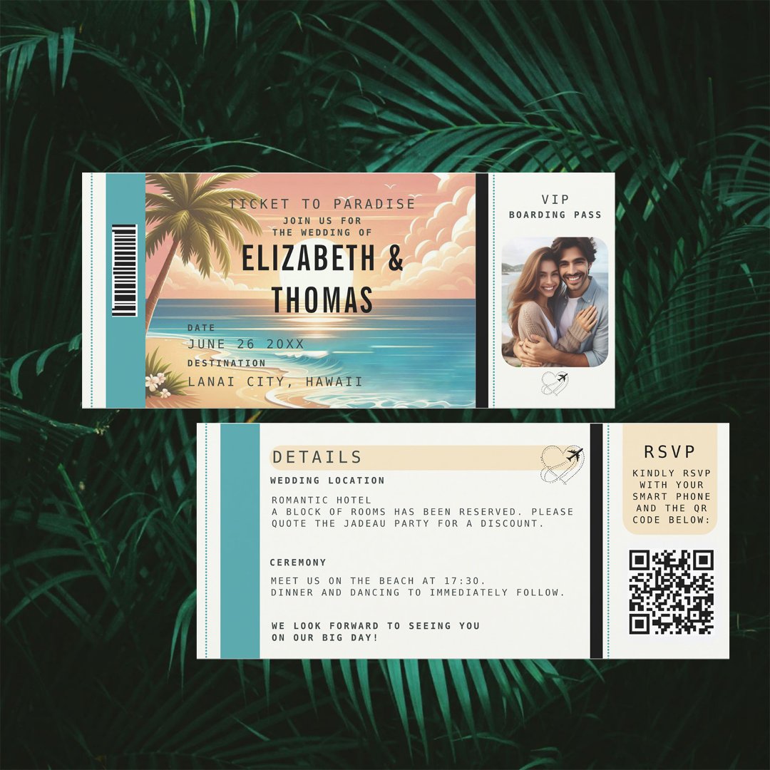 Tropical Beach Destination Boarding Photo Wedding                    Invitation