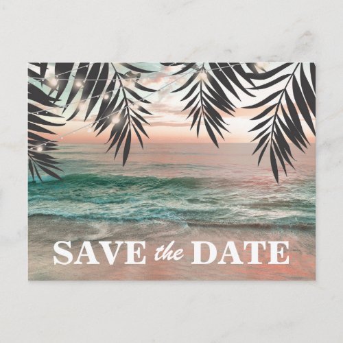 Tropical Beach Destination Save the Date Announcement Postcard - Beach destination save the date postcards featuring a tropical palm beach setting, string twinkle lights, and a modern wedding template.
Click on the “Customize it” button for further personalization of this template. You will be able to modify all text, including the style, colors, and sizes.
You will find matching items further down the page, if however you can't find what you looking for please contact me.
