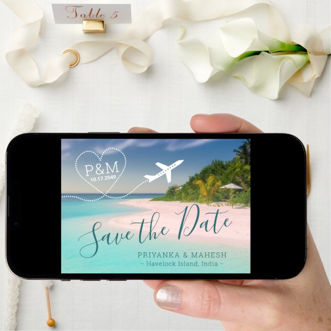 Tropical Beach Destination Wedding Airplane Heart  Save The Date (Front Digital)