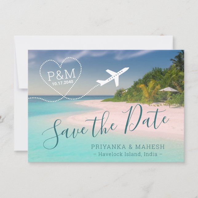 Tropical Beach Destination Wedding Airplane Heart  Save The Date (Front)