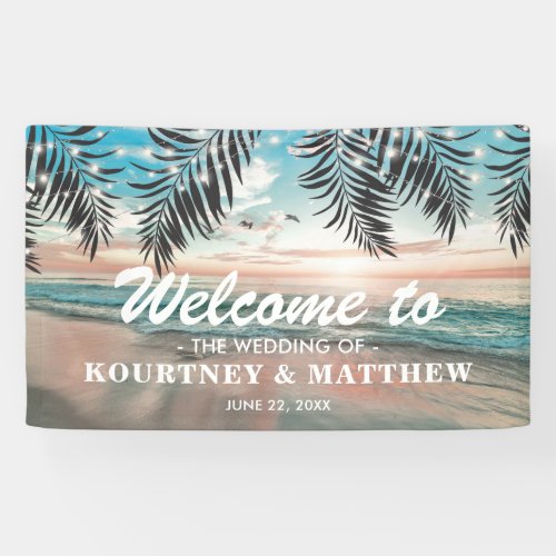 Tropical Beach Destination Wedding Banner - Beach destination wedding banner featuring a tropical palm beach setting, string twinkle lights, and a welcome text template. Click on the “Customize it” button for further personalization of this template. You will be able to modify all text, including the style, colors, and sizes. You will find matching items further down the page, if however you can't find what you looking for please contact me.