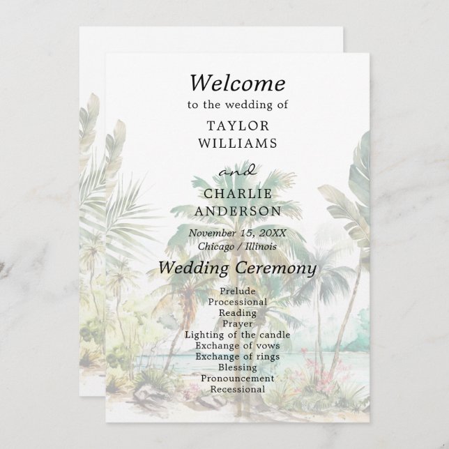 Tropical Beach Destination Wedding Program (Front/Back)