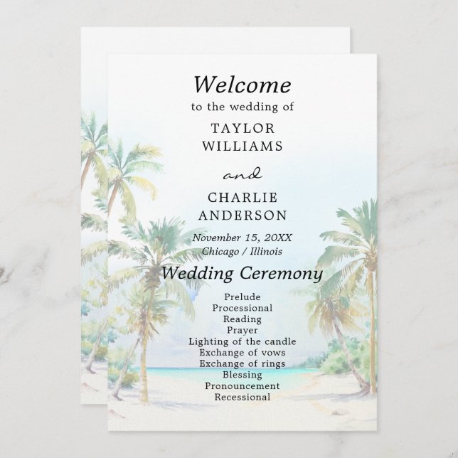 Tropical Beach Destination Wedding Program (Front/Back)