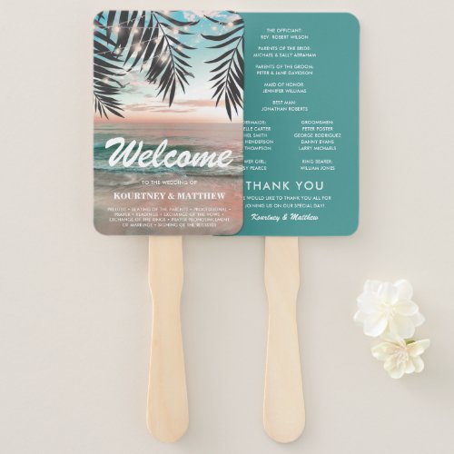 Tropical Beach Destination Wedding Program Hand Fan - Beach destination wedding program fans featuring a tropical palm beach setting, string twinkle lights, and a modern wedding order of service template that is easy to personalize.