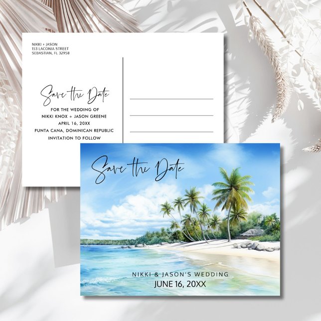 Tropical Beach Destination Wedding Save the Date Announcement Postcard (Tropical Beach Destination Wedding Save the Date Announcement Postcard)