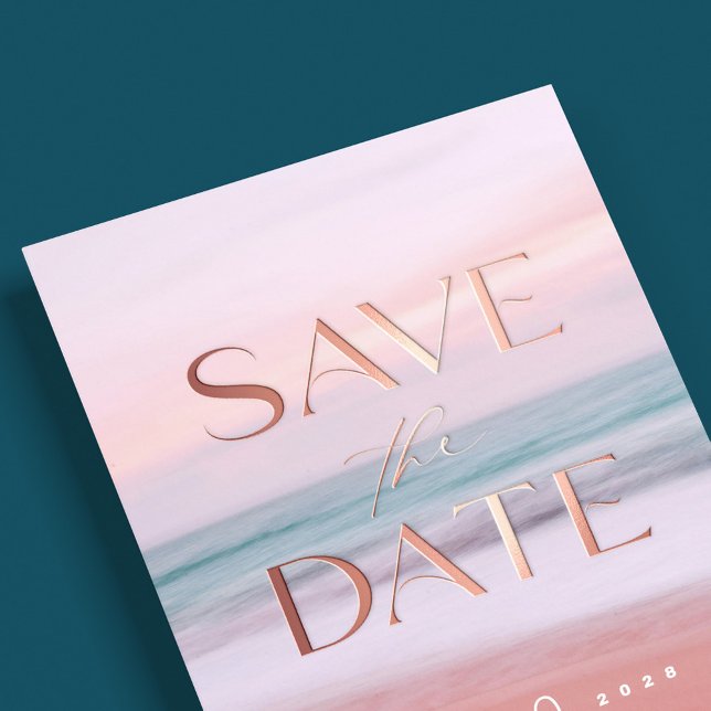 Tropical Beach Destination Wedding Save the date Foil Invitation (Rose Gold foil luxury destination sunset beach wedding save the date card)