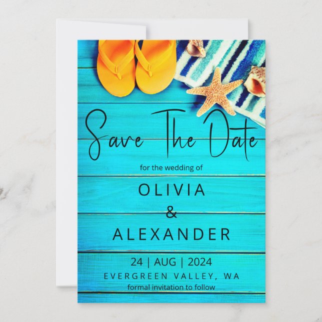 tropical beach destination wedding save the date invitation (Front)