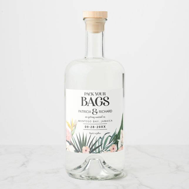 Tropical Beach Destination Wedding Save the Date Liquor Bottle Label (Front)