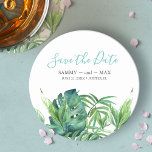 Tropical Beach Destination Wedding Save the Date Round Paper Coaster<br><div class="desc">Announce your engagement with my tropical chic boho save our date coasters featuring Save the Date in a trendy script typography style that evokes the look of hand lettering. This simple card features a replica of my original hand painted watercolor green palm and monster leaves with your names, wedding date...</div>