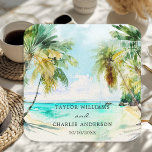 Tropical Beach Destination Wedding Square Paper Coaster<br><div class="desc">This elegant and beautiful watercolor wedding coaster features a beach,  blue sky and palm trees. The text combines handwritten script and sans serif fonts for a stylish and modern look. This is perfect for a summer beach or tropical destination wedding.</div>
