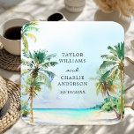 Tropical Beach Destination Wedding Square Paper Coaster<br><div class="desc">This elegant and beautiful watercolor wedding coaster features a beach,  blue sky and palm trees. The text combines handwritten script and sans serif fonts for a stylish and modern look. This is perfect for a summer beach or tropical destination wedding.</div>