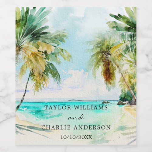 Tropical Beach Destination Wedding Wine Label