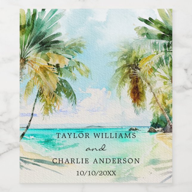 Tropical Beach Destination Wedding Wine Label (Single Label)