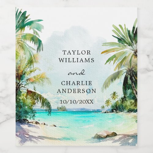 Tropical Beach Destination Wedding Wine Label