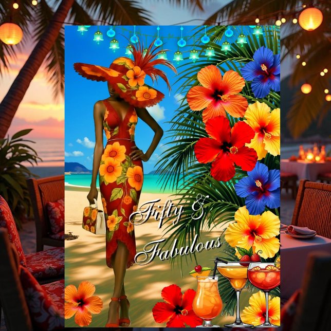 Tropical Beach Fabulous 50 birthday Hibiscus Invitation (Creator Uploaded)