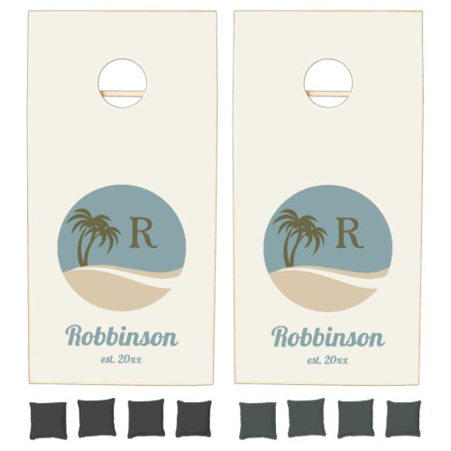 Tropical Beach Family Monogram Blue Tan Palm Tree Cornhole Set