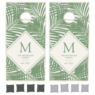 Tropical Beach Family Name Monogram Palm Pattern  Cornhole Set
