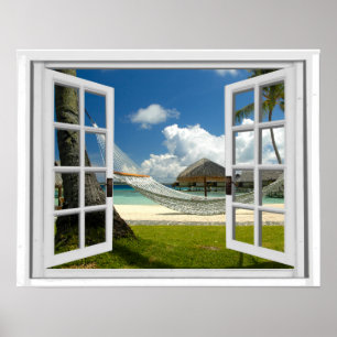 Tropical Beach Faux Artificial Window View Poster