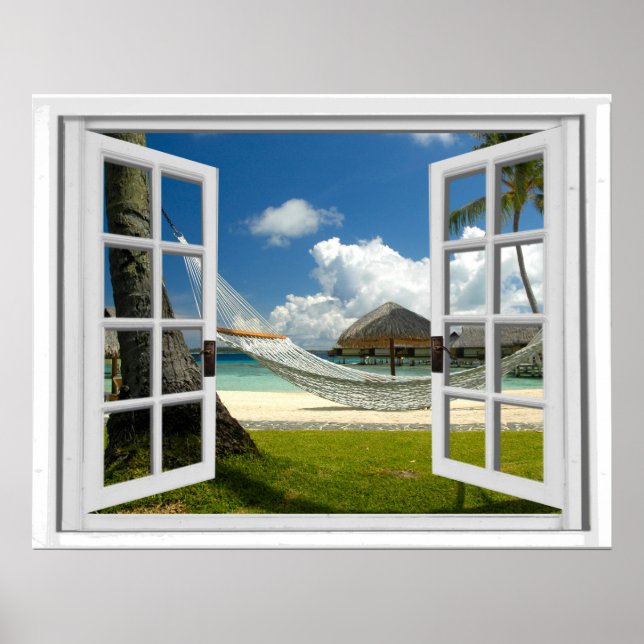Tropical Beach Faux Artificial Window View Poster (Front)
