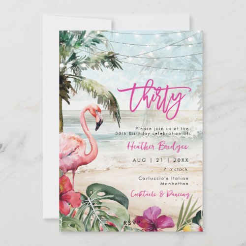 tropical beach flamingo 30th birthday party invitation
