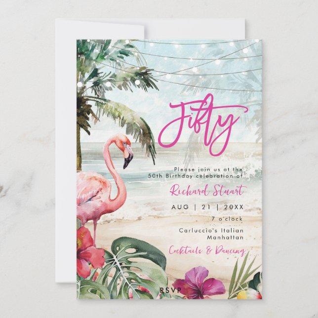 tropical beach flamingo 50th birthday party invitation (Front)