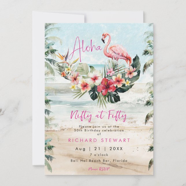 tropical beach flamingo 50th birthday party invitation (Front)
