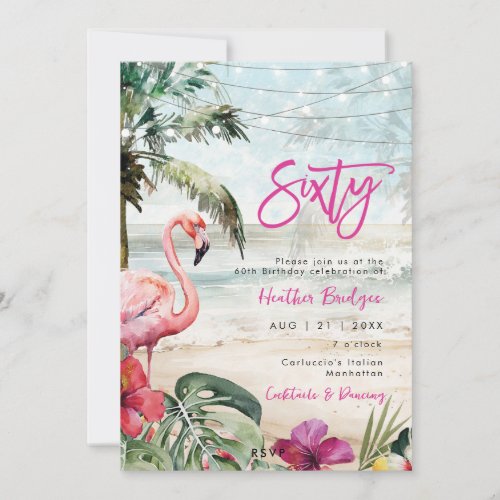 tropical beach flamingo 60th birthday party invitation