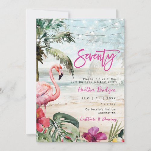 tropical beach flamingo 70th birthday party invitation