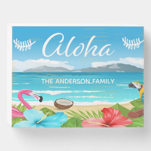 Tropical beach flamingo flowers sea aloha wooden box sign