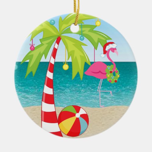 Tropical Beach Flamingo Palm Christmas Ornament