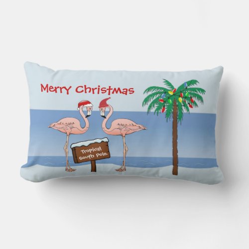 Tropical Beach Flamingo Palm South Pole Christmas Lumbar Pillow