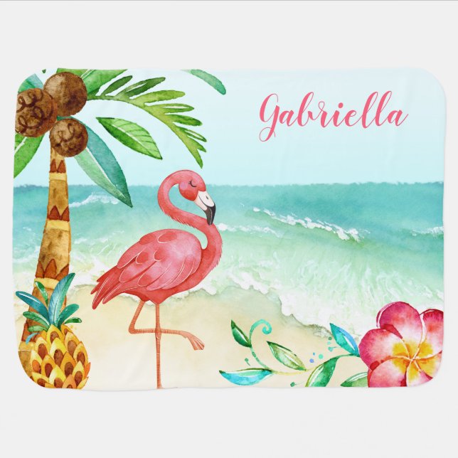 Tropical Beach Flamingo Personalized Baby Blanket (Horizontal)