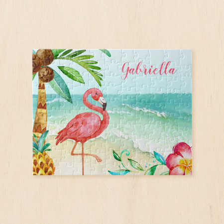 Tropical Beach Flamingo Personalized Kids Jigsaw Puzzle